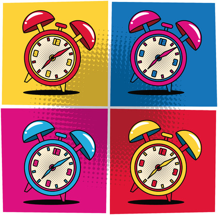 Pop art vintage alarm clock colorful frames cartoons vector illustration graphic designのイラスト素材