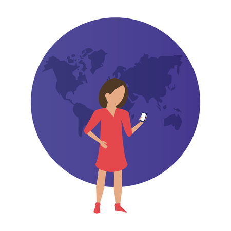 Worldwide delivery online orders woman with smartphone over world vector illustration graphic designのイラスト素材