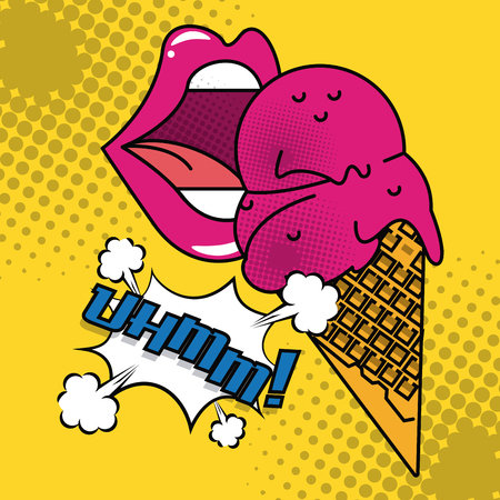 Pop art mouth eating ice cream cartoons  vector illustration graphic designのイラスト素材
