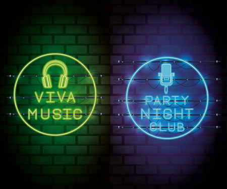 Disco party neon lights advertising bricks background vector illustration graphic designのイラスト素材