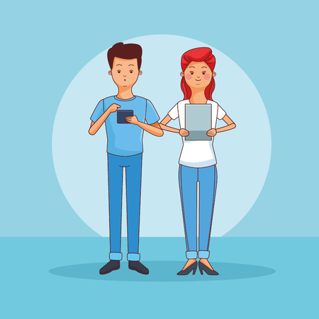 Teenagers using tablet and smartphone technology vector illustration graphic designのイラスト素材