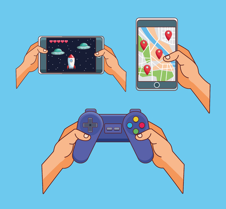 Smartphone games hands playing cartoons vector illustration graphic designのイラスト素材
