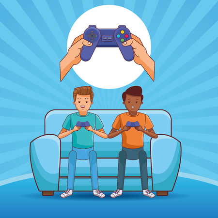 Teenagers playing videogames seated on sofa cartoons vector illustration graphic design vector illustration graphic designのイラスト素材