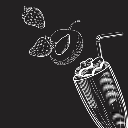 Fruit smoothie drink white drawing on black background vector illustration graphic designのイラスト素材