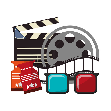 Movie and cinema clapboard 3d glasses reel and tickets elements vector illustration graphic designのイラスト素材