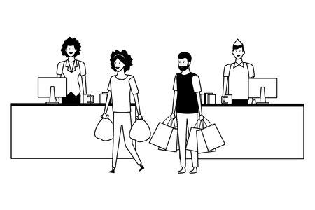 Supermarket cash and customers with shopping bags vector illustration graphic designのイラスト素材