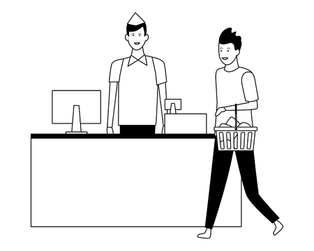 supermarket cashier and customers with shopping basket vector illustration graphic designのイラスト素材