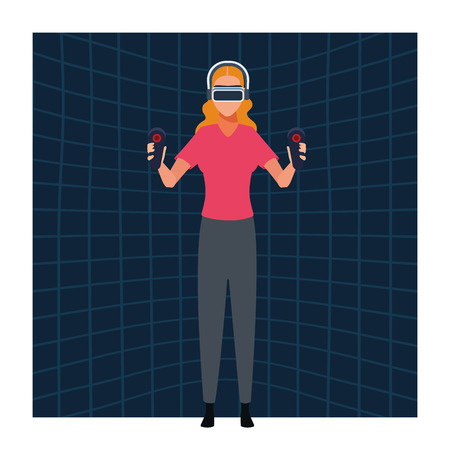 Woman using virtual reality glasses cartoon over three dimensional background vector illustration graphic designのイラスト素材