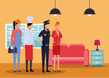 Jobs and professions workers faceless avatars in living room with sofa and drawer vector illustration graphic designのイラスト素材