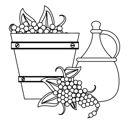 Wine jar and grapes in wooden bucket vector illustration graphic designのイラスト素材