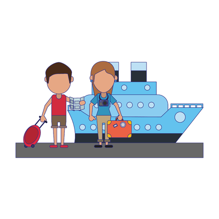 Travel and summer vacations couple with luggage in cruise ship vector illustration graphic designのイラスト素材