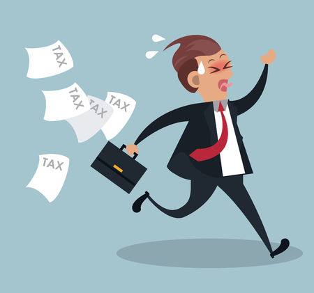 businessman running with briefcase and tax documents flying cartoon vector illustration graphic designのイラスト素材