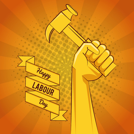 Happy labour day card with tools yellow striped background vector illustration graphic designのイラスト素材