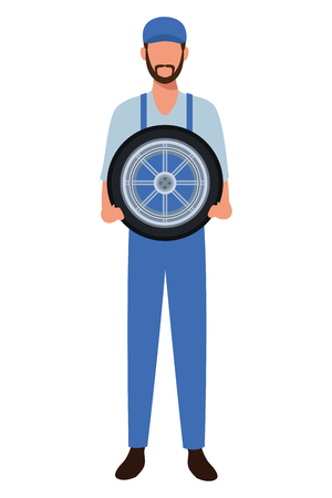 industry car manufacturing worker holding wheel cartoon vector illustration graphic designのイラスト素材