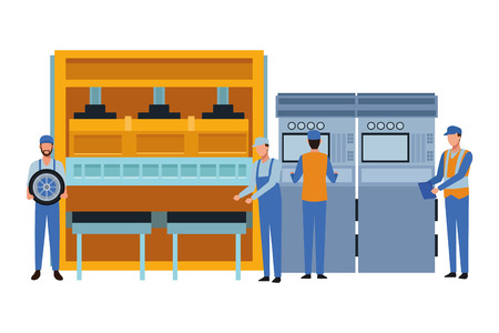 industry car manufacturing workers with wheel cartoon vector illustration graphic designのイラスト素材