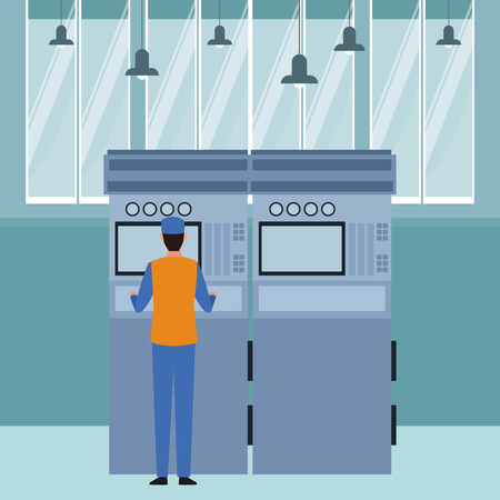industry manufacturing worker manipulating machine cartoon vector illustration graphic designのイラスト素材