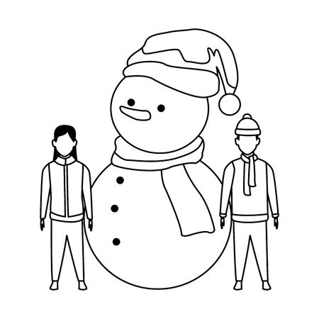 children with snowman christmas hat scarf knitted cap black and white vector illustration graphic designのイラスト素材