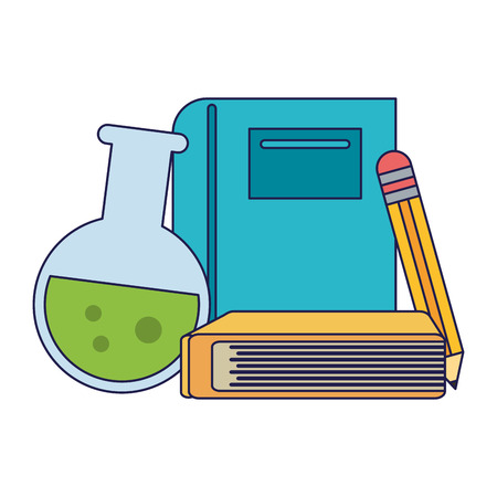 School utensils and supplies books and pencil with chemistry flask Designeのイラスト素材