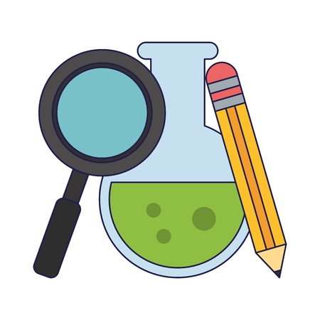 School utensils and supplies chesmitry flask with magnifying glass and pencil Designeのイラスト素材