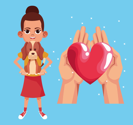 Kid donation charity cartoon hands with heart and girl with pet vector illustration graphic designのイラスト素材