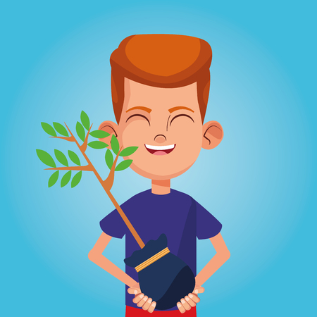 Boy smiling with plant cartoon blue background vector illustration graphic designのイラスト素材