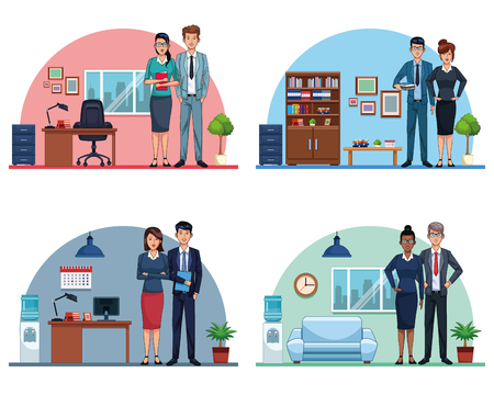 Business people working in the offices collection scenery set vector illustration graphic designのイラスト素材