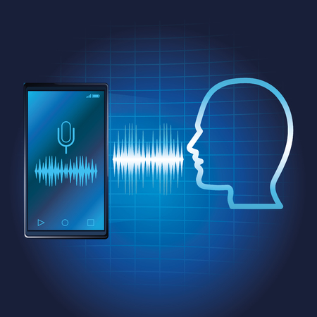 Smartphone voice recognition speaker over blue waves background vector illustration graphic designのイラスト素材