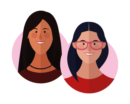 Women friends couple face round icons cartoons vector illustration graphic designのイラスト素材