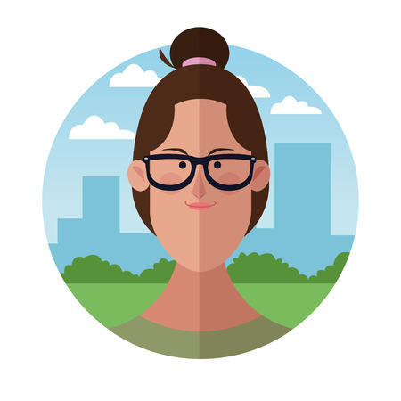 Woman with glasses face cartoon profile over cityscape building round icon vector illustration graphic designのイラスト素材