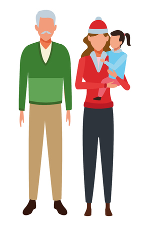 family avatar cartoon character wearing winter clothes grandfather mother and child vector illustration graphic designのイラスト素材