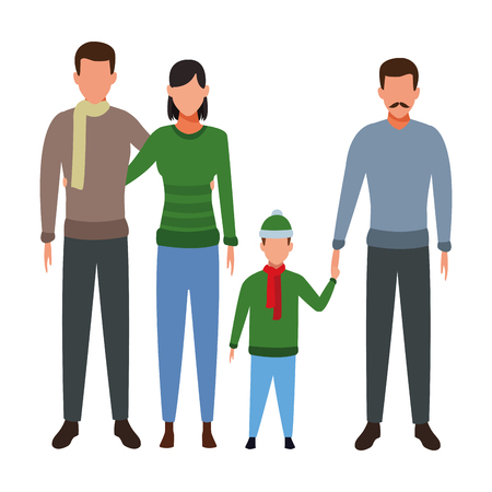 family avatar cartoon character couple and man with child wearing winter clothes vector illustration graphic designのイラスト素材