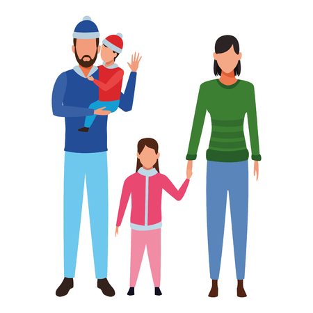 family avatar cartoon character couple and childreb wearing winter clothes vector illustration graphic designのイラスト素材