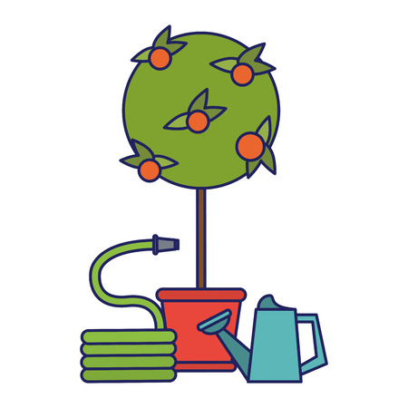 Gardening plants and tools tree with hose and water canのイラスト素材