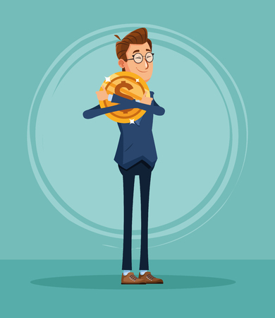 Businessman banker hugging coin cartoon vector illustration graphic designのイラスト素材
