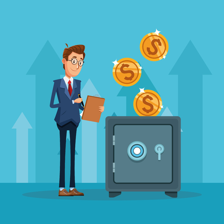 Businessman banker counting coins in strongbox cartoon vector illustration graphic designのイラスト素材