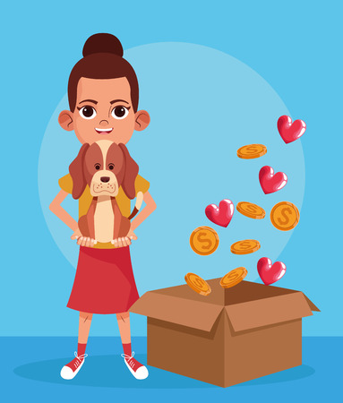 Kid donation charity girl with pet and box with coins and hearts cartoon vector illustration graphic designのイラスト素材