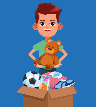 Kid donation charity cartoon boy with toys in box vector illustration graphic designのイラスト素材