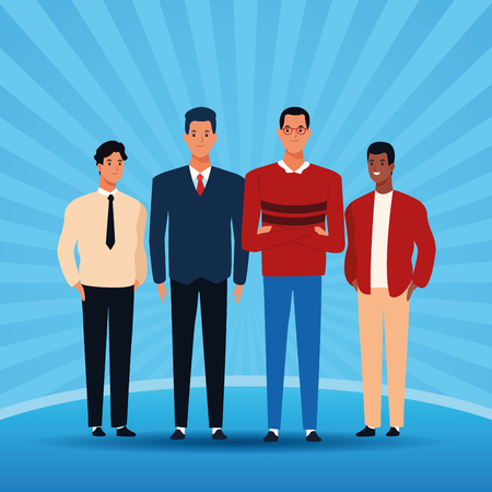 young people over blue striped background cartoon vector illustration graphic designのイラスト素材