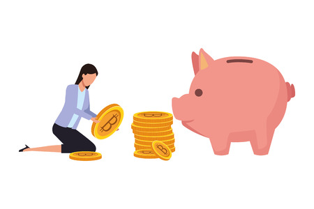 businesswoman holding cryptocurrency bitcoin and piggy saving vector illustration graphic designのイラスト素材