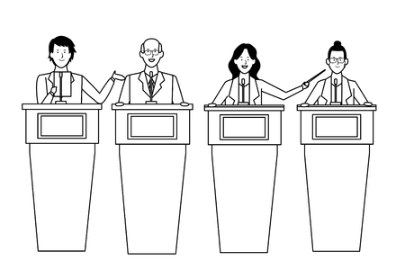 people in podiums with wand wearing glasses black and white vector illustration graphic designのイラスト素材