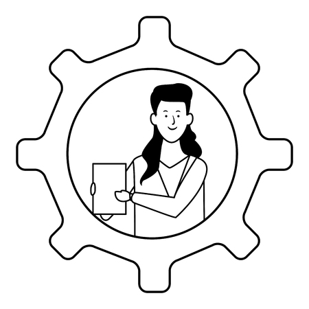 businesswoman into a gear with documents black and white vector illustration graphic designのイラスト素材