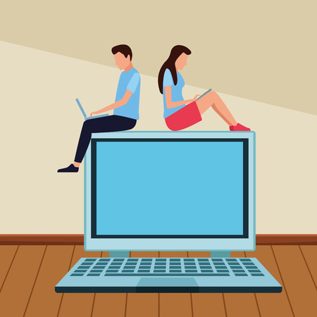 Coworkers seated on big laptop teamwork cartoon on wooden floor vector illustration graphic designのイラスト素材