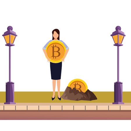 businesswoman holding cryptocurrency bitcoin embedded in the ground sidewalk with lantern vector illustration graphic designのイラスト素材