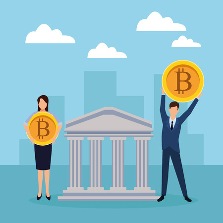 business couple holding cryptocurrency bitcoin with bank buiding cityscape silhouette vector illustration graphic designのイラスト素材