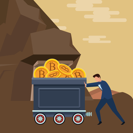 businessman pushing mining cart full of cryptocurrency bitcoin in the mine vector illustration graphic designのイラスト素材