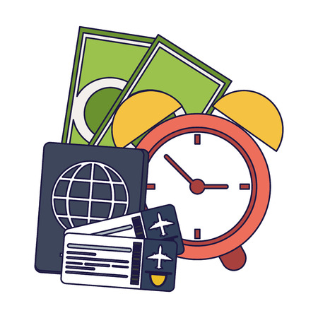 Vacations and travel passport tickets and clock with cash vector illustration graphic design vector illustration graphic designのイラスト素材