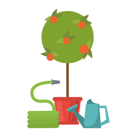 Gardening plants and tools tree with hose and water canのイラスト素材