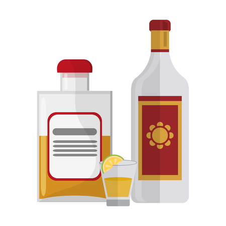 Tequila bottles and shot with lemon vector illustration graphic designのイラスト素材