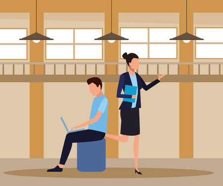 Coworkers businesswoman and man seated with laptop teamwork cartoon inside workplace office vector illustration graphic designのイラスト素材