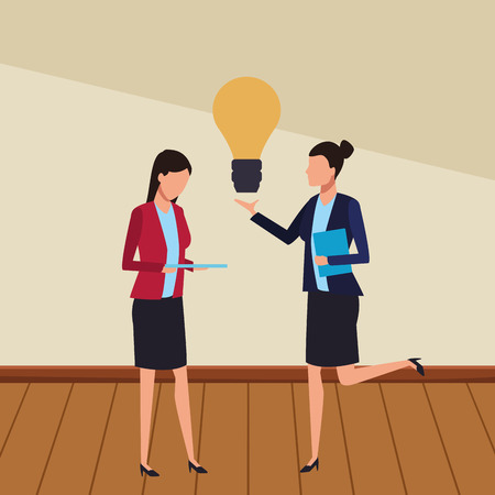 Coworkers businesswomen with big idea teamwork cartoon on wooden floor vector illustration graphic designのイラスト素材